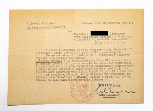 STARY DOKUMENT - MIANO PRACOWNIKA PAŃSTWOWEGO, POZNAŃ 1949