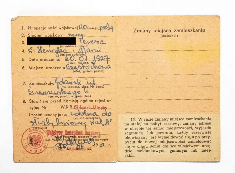 ZAŚWIADCZENIE WOJSKOWO - REJESTRACYJNE, GDAŃSK 1951