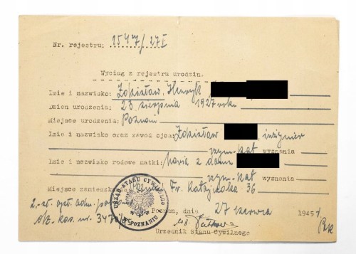 STARY DOKUMENT - WYCIĄG Z REJESTRU URODZIN, POZNAŃ 1945