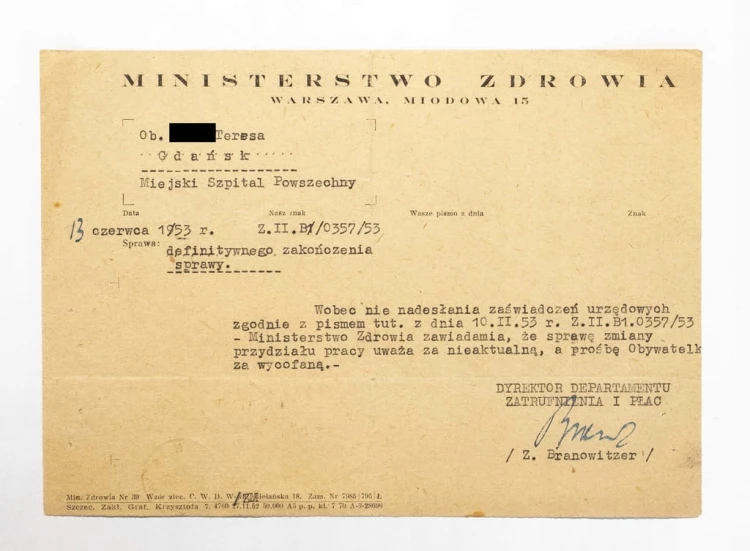 DOKUMENT, MINISTERSTWO ZDROWIA, MIEJSKI SZPITAL POWSZECHNY, GDAŃSK 1953