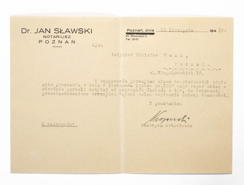 STARY DOKUMENT - JAN SŁAWSKI, NOTARIUSZ POZNAŃ 1945