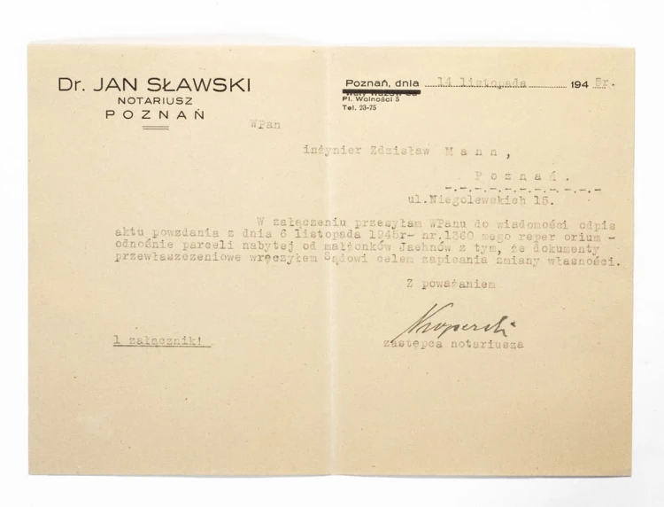 STARY DOKUMENT - JAN SŁAWSKI, NOTARIUSZ POZNAŃ 1945