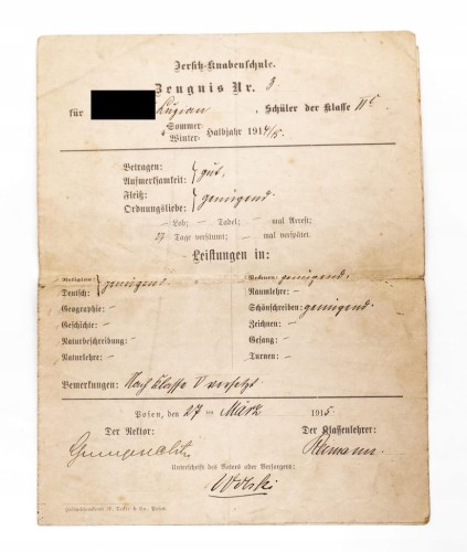 ŚWIADECTWO SZKOŁA MĘSKA, POZNAŃ 1915