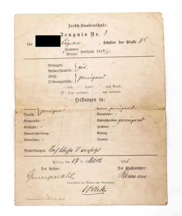 ŚWIADECTWO SZKOŁA MĘSKA, POZNAŃ 1915