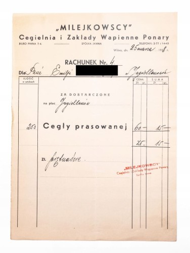 RACHUNEK - MILEJKOWSCY, CEGIELNIA I ZAKŁADY WAPIENNE PONARY, WILNO 1938