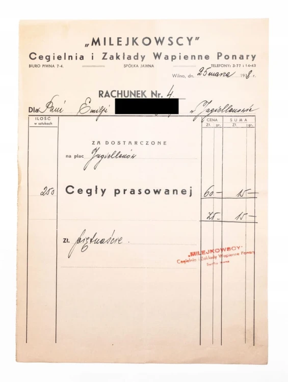RACHUNEK - MILEJKOWSCY, CEGIELNIA I ZAKŁADY WAPIENNE PONARY, WILNO 1938