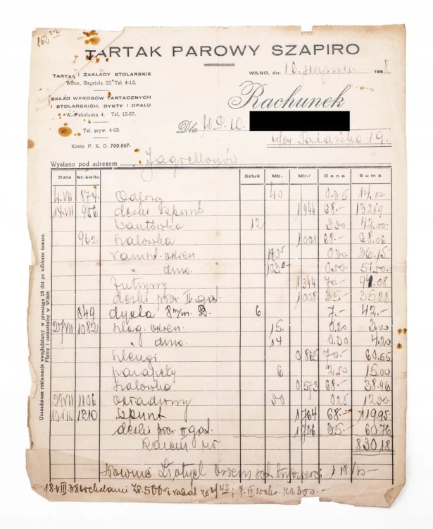 STARY RACHUNEK - TARTAK PAROWY SZAPIRO, WILNO 1938