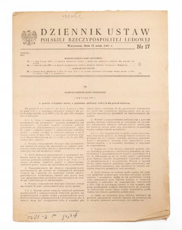 DZIENNIK USTAW PRL - SPRAWA MELIORACJI WODNYCH DLA ROLNICTWA, WARSZAWA 1967