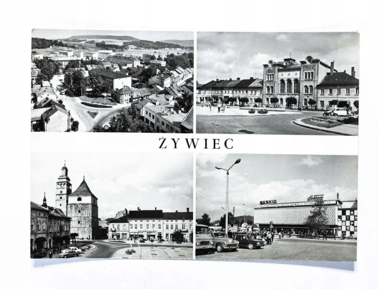 ŻYWIEC - PANORAMA, URZĄD MIEJSKI, RYNEK, DOM HANDLOWY BESKID l. 70