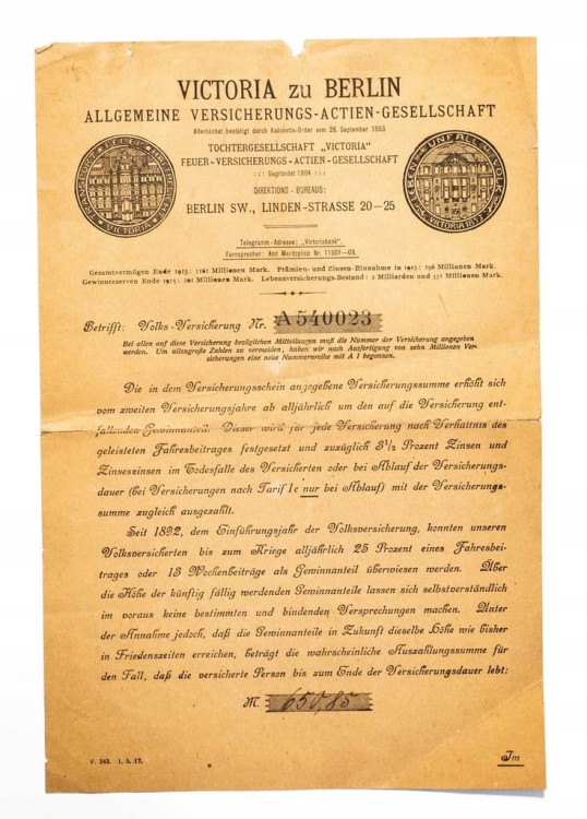 STARY DOKUMENT NIEMIECKI - UBEZPIECZENIE VICTORIA ZE BERLIN 1916
