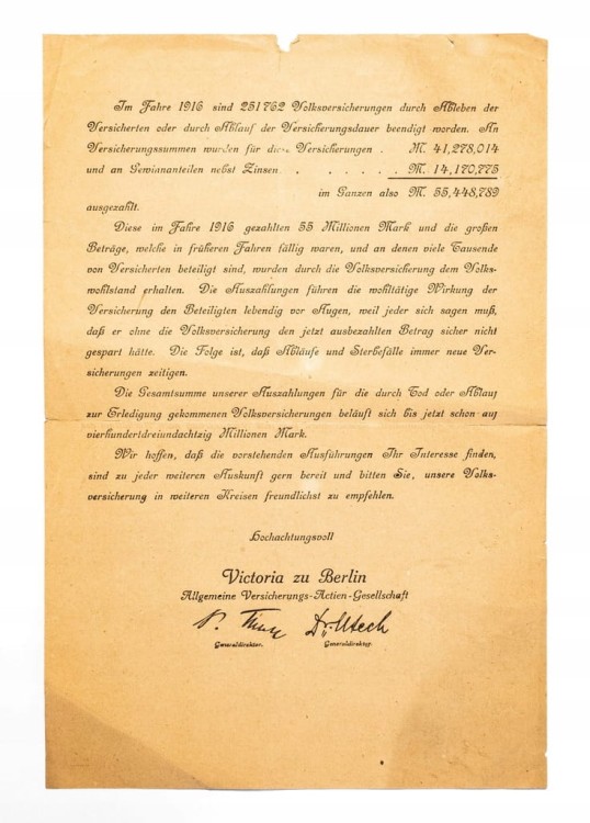 STARY DOKUMENT NIEMIECKI - UBEZPIECZENIE VICTORIA ZE BERLIN 1916