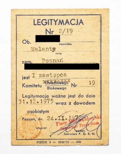 LEGITYMACJA PREZYDIUM DZIELNICOWEJ RADY NARODOWEJ POZNAŃ WILDA 1972