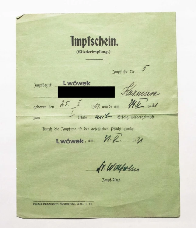 STARY DOKUMENT - ŚWIADECTWO SZCZEPIEŃ, LWÓWEK 1921