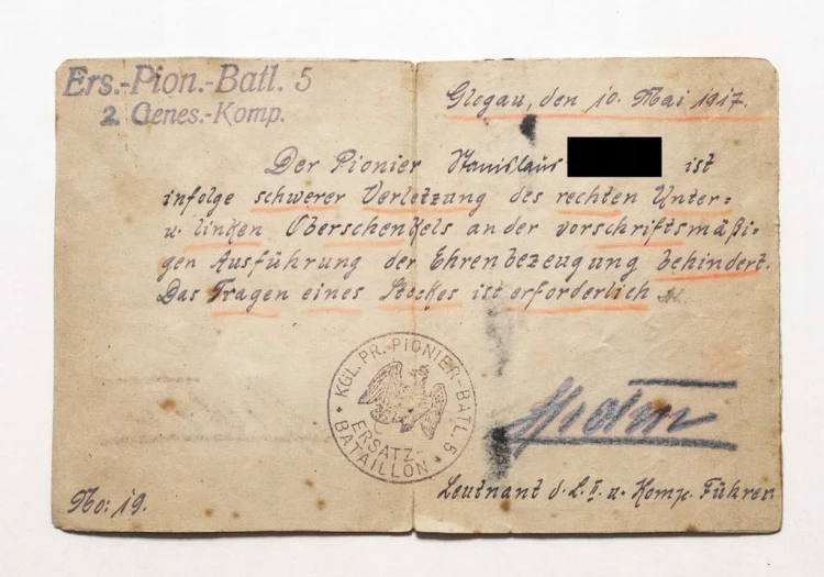 STARY DOKUMENT WOJSKOWY - KGL. PR. PIONIER-BATAILLON 5 ERSATZ, GŁOGÓW 1917