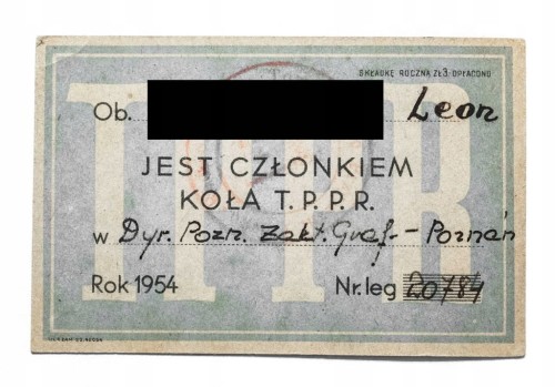 LEGITYMACJA - TOWARZYSTWO PRZYJAŹNI POLSKO RADZIECKIEJ, POZNAŃ 1954