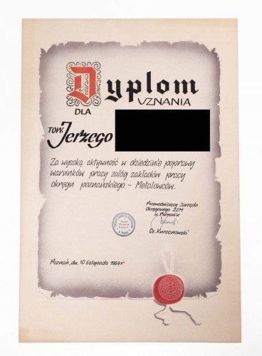 DYPLOM ZA WYSOKĄ AKTYWNOŚĆ PRACY - CENTRA POZNAŃ 1969