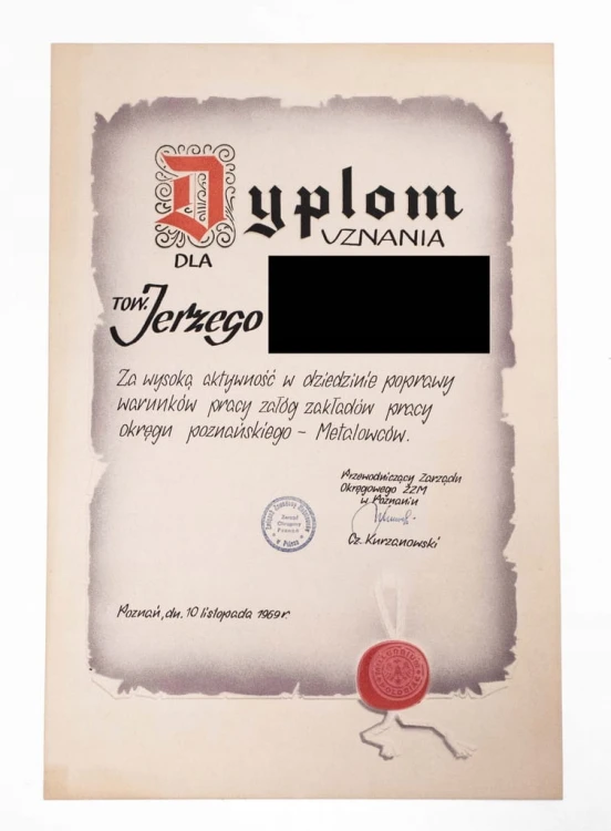 DYPLOM ZA WYSOKĄ AKTYWNOŚĆ PRACY - CENTRA POZNAŃ 1969