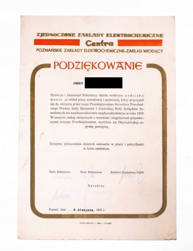 DYPLOM ZA WKŁAD PRACY - CENTRA POZNAŃ 1973