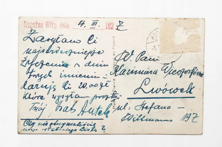 STARA POCZTÓWKA IMIENINOWA - LWÓWEK / ROGOŹNO 1927