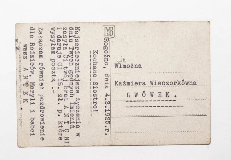 STARA POCZTÓWKA IMIENINOWA - ROGOŹNO / LWÓWEK 1925