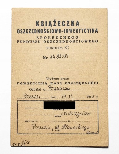 KSIĄŻECZKA OSZCZĘDNOŚCIOWO-INWESTYCYJNA, POZNAŃ 1951