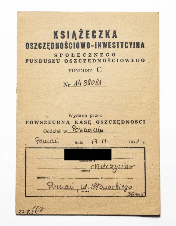 KSIĄŻECZKA OSZCZĘDNOŚCIOWO-INWESTYCYJNA, POZNAŃ 1951