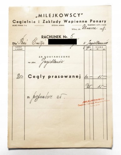 RACHUNEK - MILEJKOWSCY, CEGIELNIA I ZAKŁADY WAPIENNE PONARY, WILNO 1938