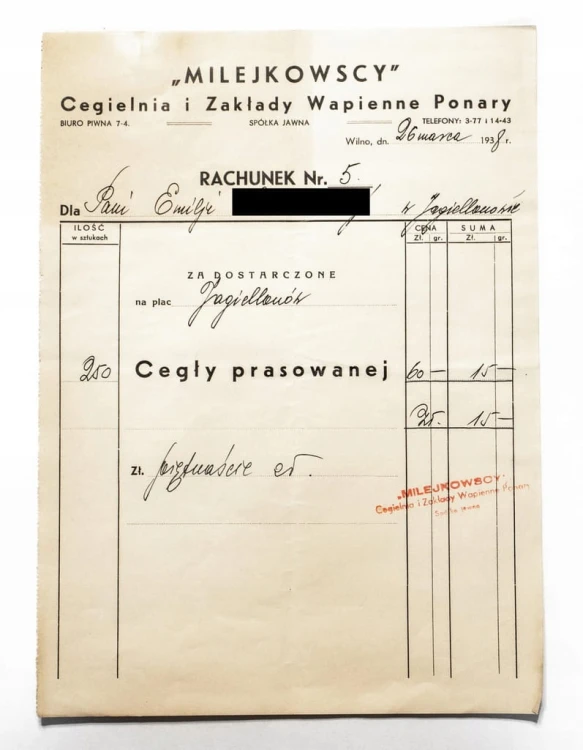 RACHUNEK - MILEJKOWSCY, CEGIELNIA I ZAKŁADY WAPIENNE PONARY, WILNO 1938