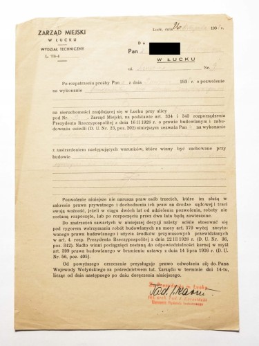 STARE PISMO - POZWOLENIE NA BUDOWĘ DOMU, ŁUCK 1938