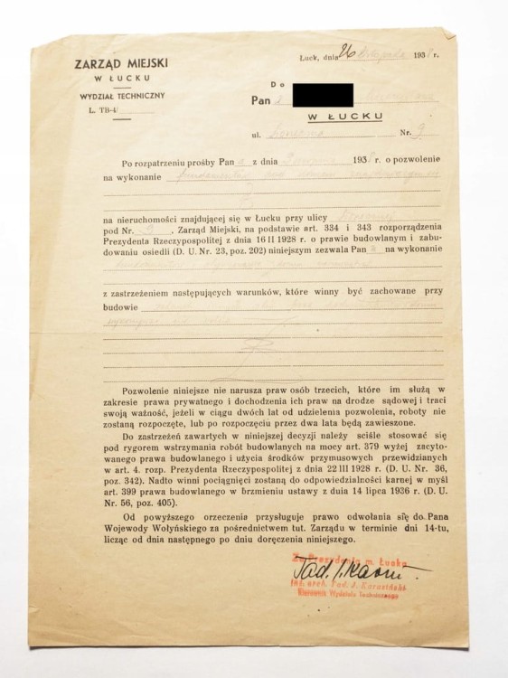 STARE PISMO - POZWOLENIE NA BUDOWĘ DOMU, ŁUCK 1938