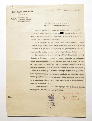 STARE PISMO - ZAŚWIADCZENIE REMONTU DOMU, ŁUCK 1937
