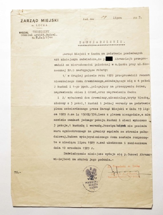 STARE PISMO - ZAŚWIADCZENIE REMONTU DOMU, ŁUCK 1937