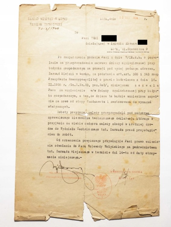 STARE PISMO - POZWOLENIE NA REMONT DOMU, ŁUCK 1934