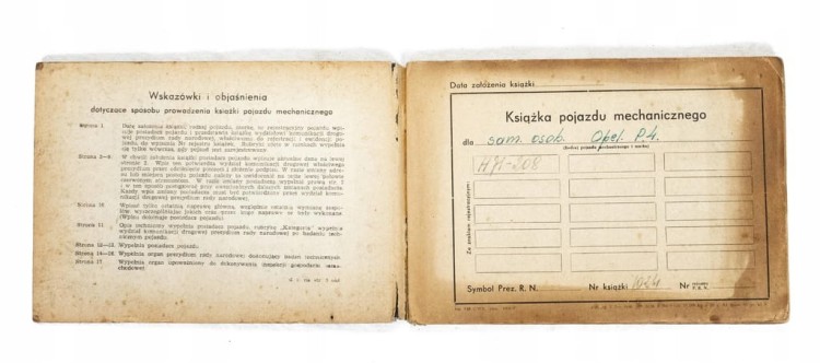KSIĄŻKA POJAZDU + DOWÓD REJESTRACYJNY - OPEL SUPER 1938 (Goleniów)