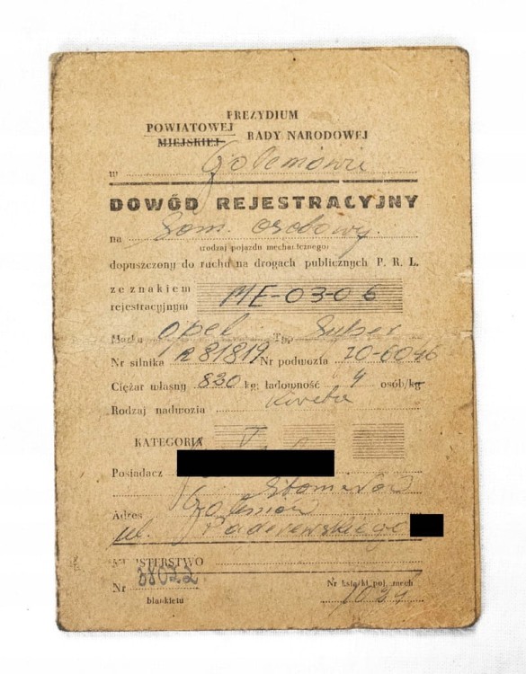 KSIĄŻKA POJAZDU + DOWÓD REJESTRACYJNY - OPEL SUPER 1938 (Goleniów)
