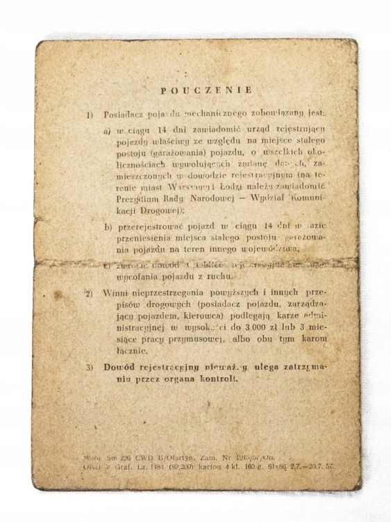 KSIĄŻKA POJAZDU + DOWÓD REJESTRACYJNY - OPEL SUPER 1938 (Goleniów)