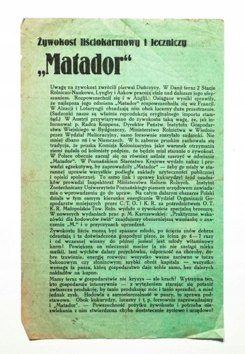 STARA REKLAMA - MATADOR, ŻYWOKOST LIŚCIOKARMOWY I LECZNICZY 1931