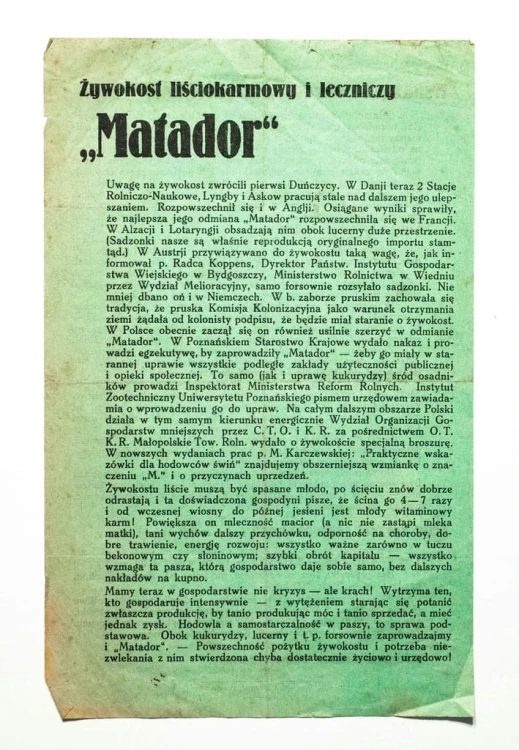 STARA REKLAMA - MATADOR, ŻYWOKOST LIŚCIOKARMOWY I LECZNICZY 1931