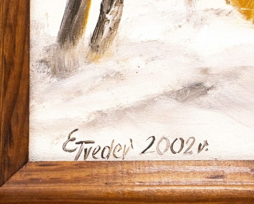 STARY MALOWANY OBRAZ - RZEKA Z MOSTKIEM, ETVEDER 2002
