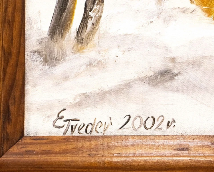 STARY MALOWANY OBRAZ - RZEKA Z MOSTKIEM, ETVEDER 2002