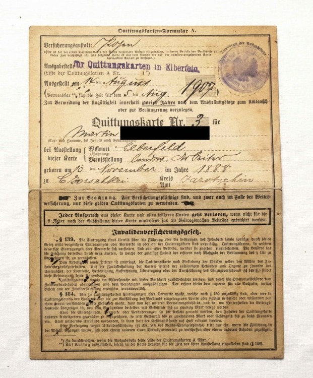 NIEMCY III RZESZA - KARTA UBEZPIECZENIOWA ELBERFELD