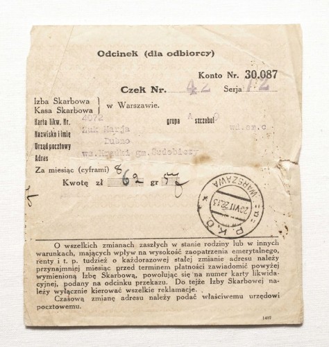 STARY DOKUMENT, CZEK ZAPŁATY - DUBNO / WARSZAWA 1928