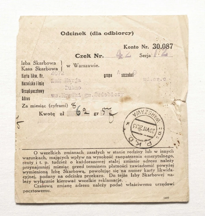 STARY DOKUMENT, CZEK ZAPŁATY - DUBNO / WARSZAWA 1928