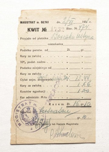 STARY DOKUMENT, KWIT PODATKU - OŁYKA 1930