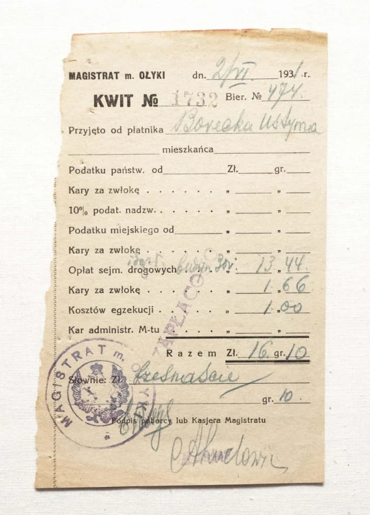 STARY DOKUMENT, KWIT PODATKU - OŁYKA 1930