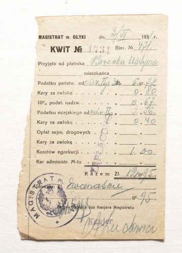 STARY DOKUMENT, KWIT PODATKU - OŁYKA 1930