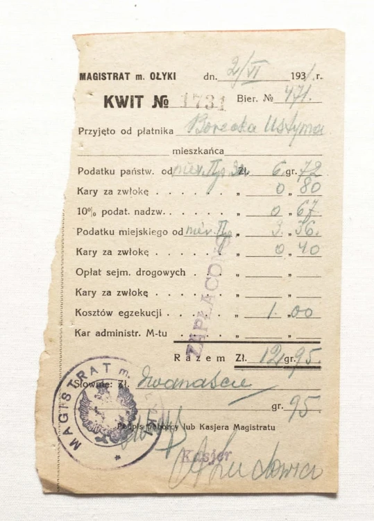 STARY DOKUMENT, KWIT PODATKU - OŁYKA 1930