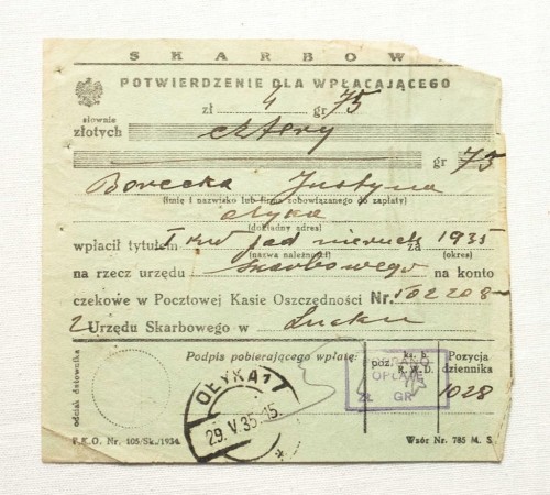 STARY DOKUMENT, POTWIERDZENIE ZAPŁATY - ŁUCK / OŁYKA 1935