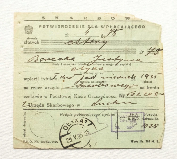 STARY DOKUMENT, POTWIERDZENIE ZAPŁATY - ŁUCK / OŁYKA 1935