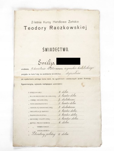 ŚWIADECTWO - KURS HANDLOWY ŻEŃSKI T. RACZKOWSKIEJ, WARSZAWA 1926